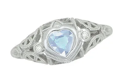 Art Deco Heart Blue Topaz and Diamond Filigree Ring in 14 Karat White Gold | Vintage Inspired