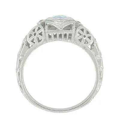 Art Deco Heart Blue Topaz and Diamond Filigree Ring in 14 Karat White Gold | Vintage Inspired