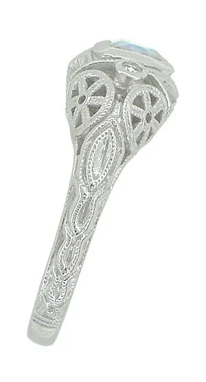 Art Deco Heart Blue Topaz and Diamond Filigree Ring in 14 Karat White Gold | Vintage Inspired