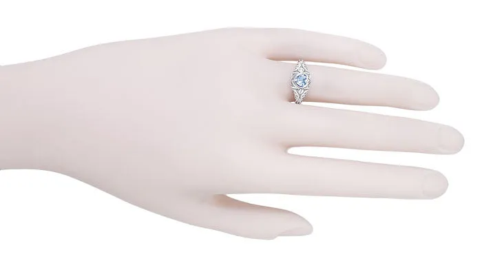 Art Deco Heart Blue Topaz and Diamond Filigree Ring in 14 Karat White Gold | Vintage Inspired
