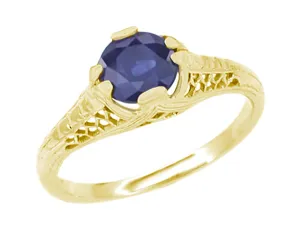 Art Deco Honeycomb Filigree Blue Sapphire Engagement Ring in 14K Yellow Gold