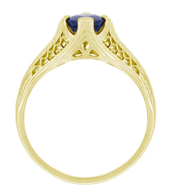 Art Deco Honeycomb Filigree Blue Sapphire Engagement Ring in 14K Yellow Gold