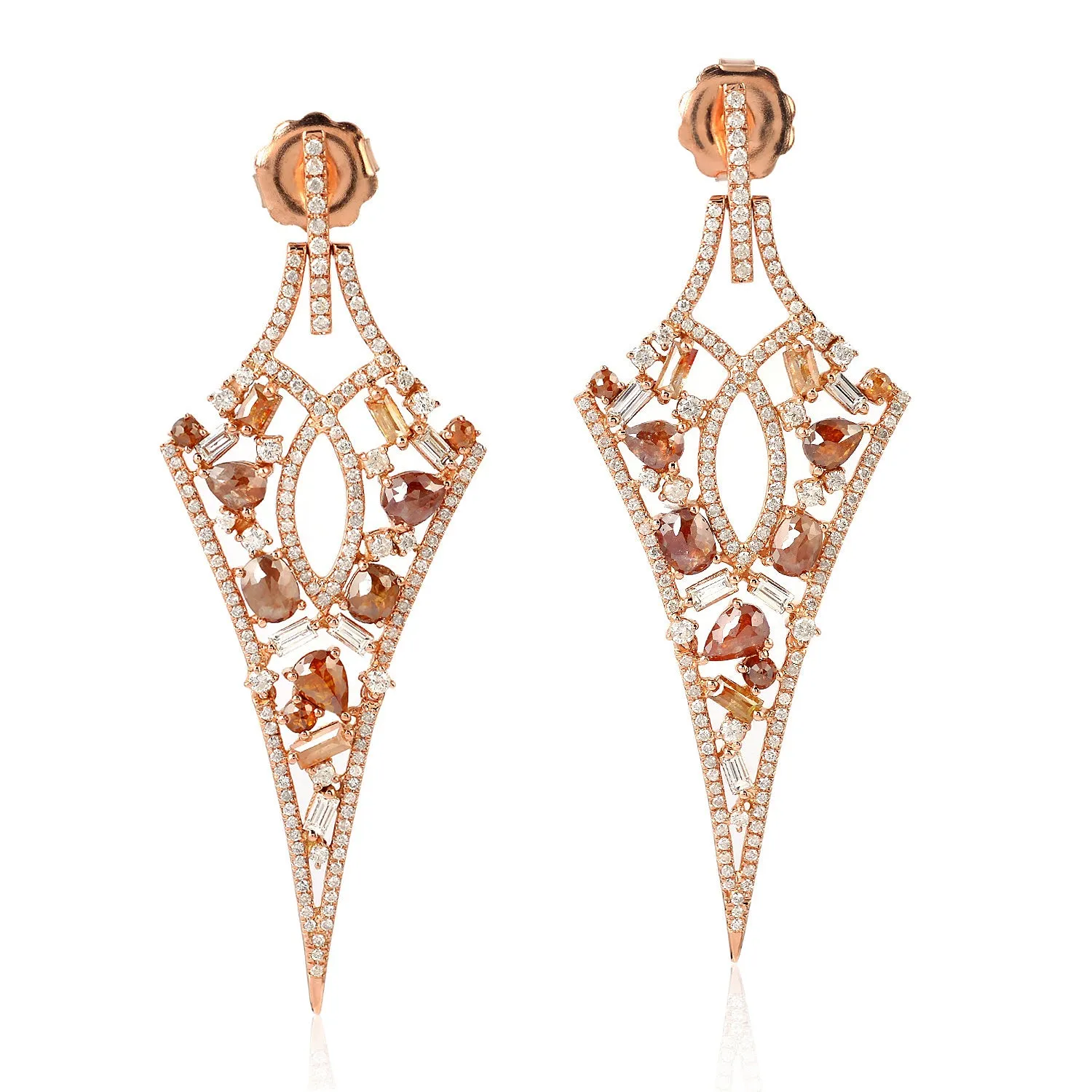 Art Deco Natural Ice Diamond Geometric Cluster Earrings in Rose Gold For Weddings