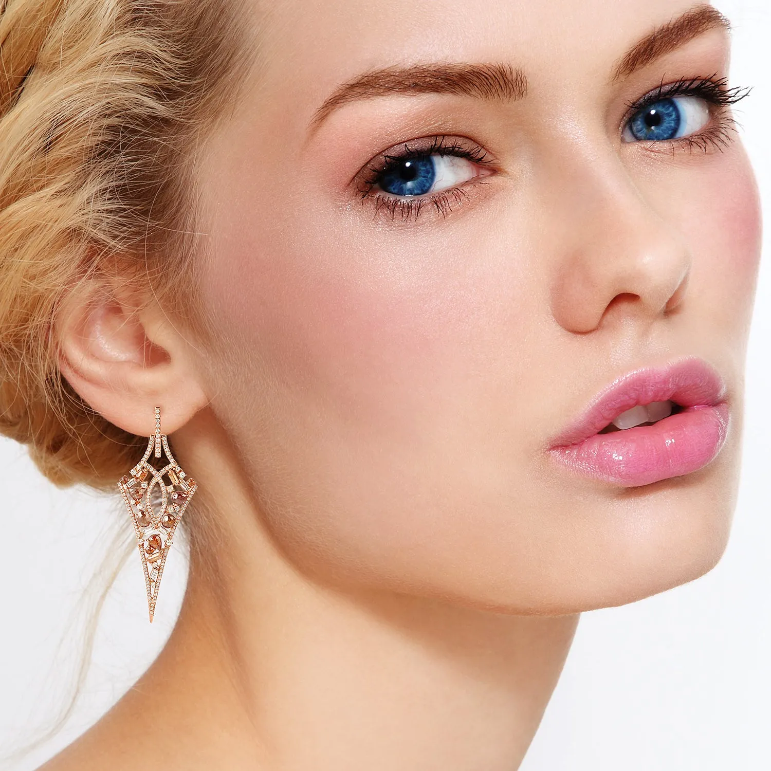 Art Deco Natural Ice Diamond Geometric Cluster Earrings in Rose Gold For Weddings