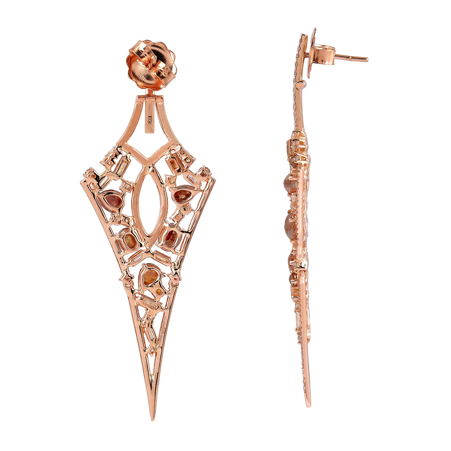 Art Deco Natural Ice Diamond Geometric Cluster Earrings in Rose Gold For Weddings