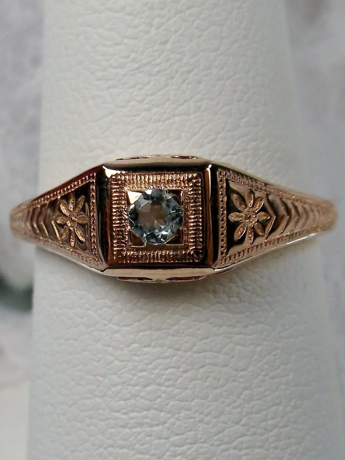 Art Deco Ring, Rose Gold, Natural Topaz or Aquamarine, Wedding Jewelry #D155