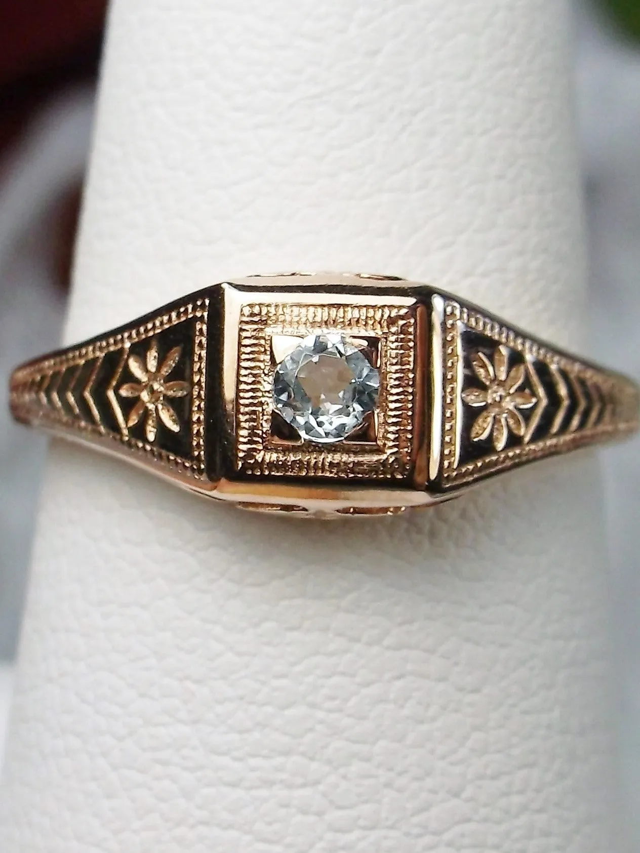 Art Deco Ring, Rose Gold, Natural Topaz or Aquamarine, Wedding Jewelry #D155
