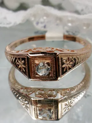 Art Deco Ring, Rose Gold, Natural Topaz or Aquamarine, Wedding Jewelry #D155