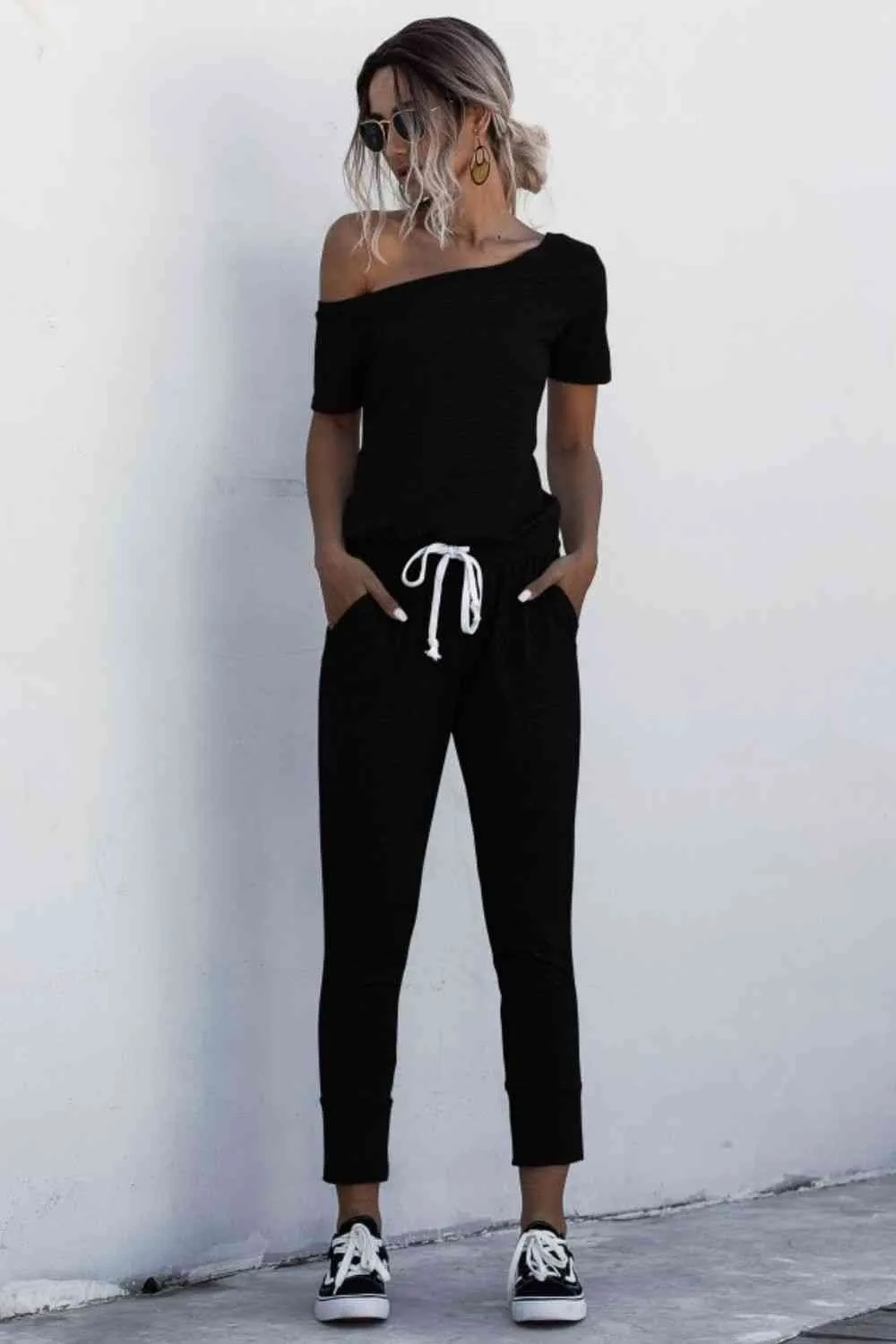 Asymmetrical Neck Tied Jumpsuit with Pockets (4 Colors)