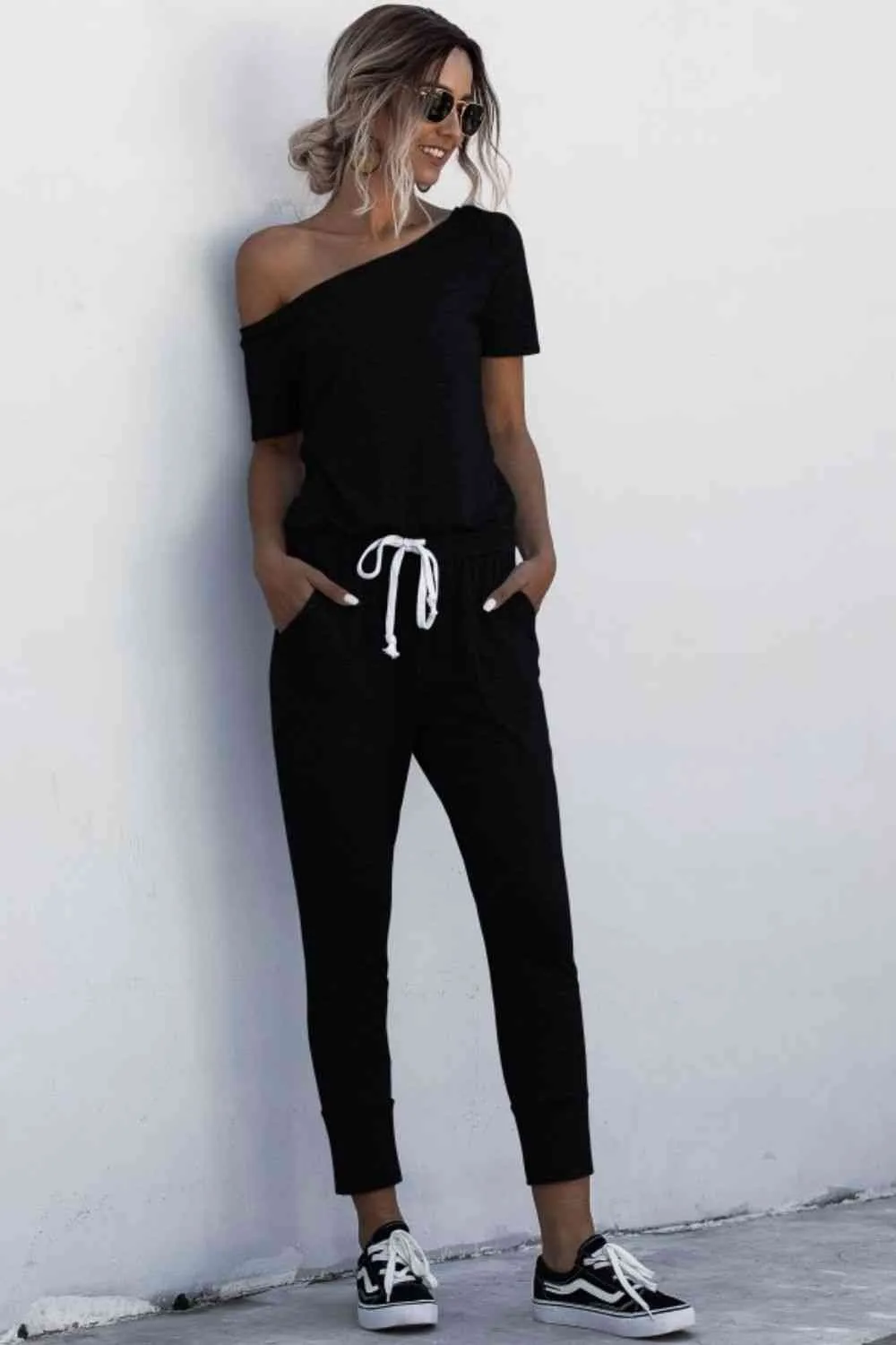 Asymmetrical Neck Tied Jumpsuit with Pockets (4 Colors)