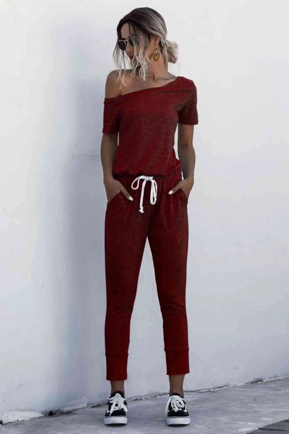 Asymmetrical Neck Tied Jumpsuit with Pockets (4 Colors)