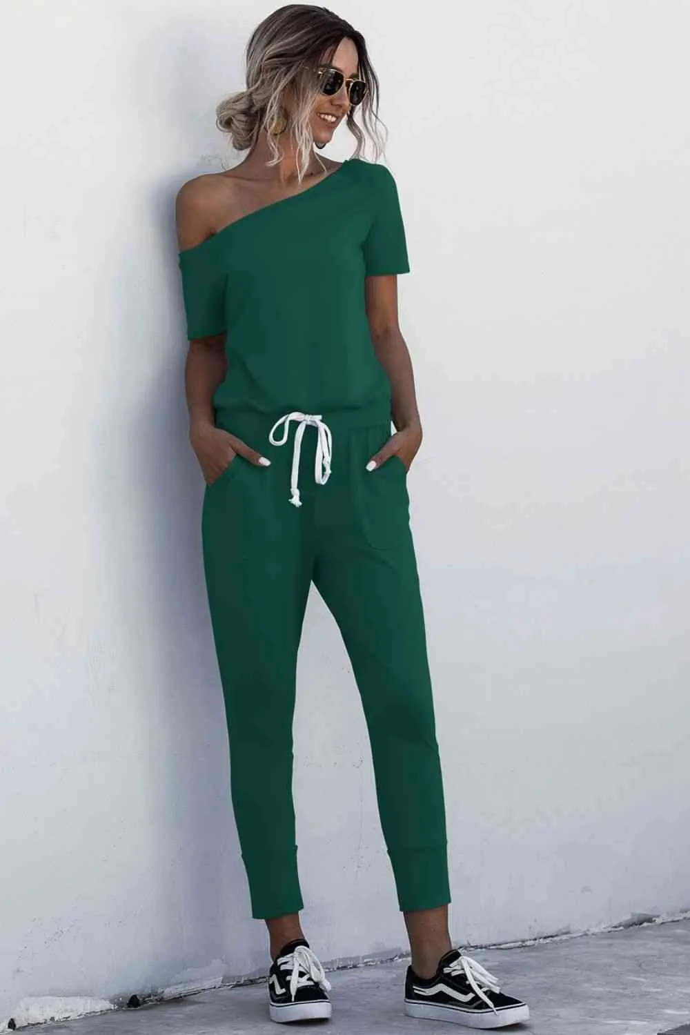 Asymmetrical Neck Tied Jumpsuit with Pockets (4 Colors)