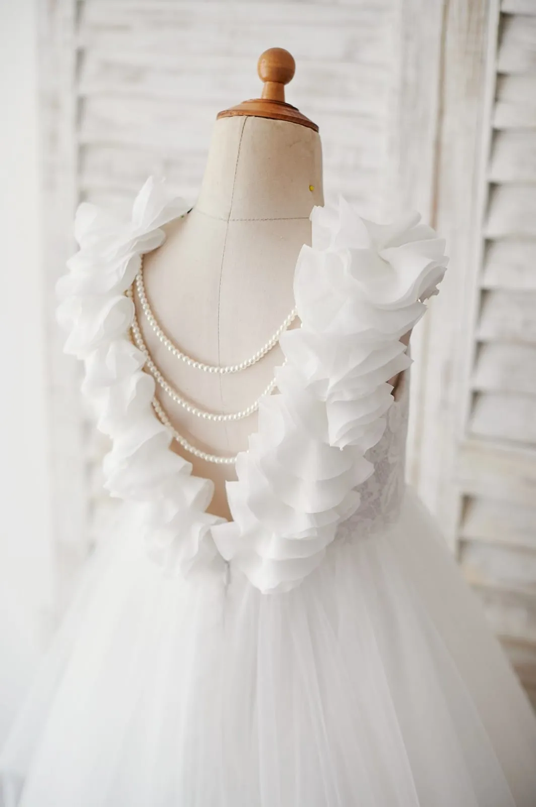 Backless Ivory Lace Tulle Wedding Flower Girl Dress, Pearls