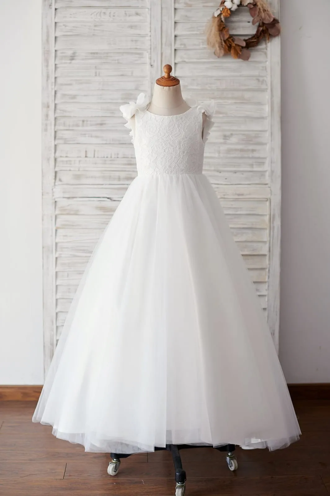 Backless Ivory Lace Tulle Wedding Flower Girl Dress, Pearls