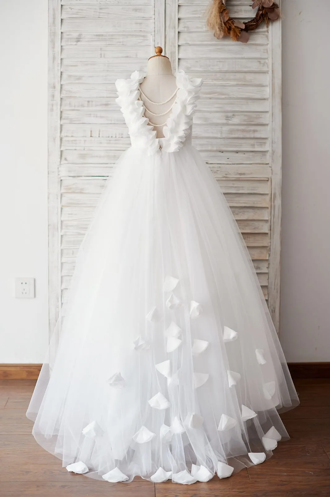 Backless Ivory Lace Tulle Wedding Flower Girl Dress, Pearls