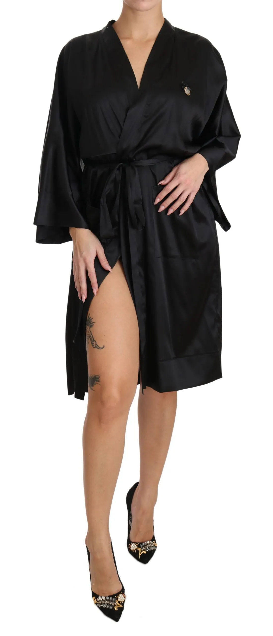Black Kimono Gown Silk Dressing Robe