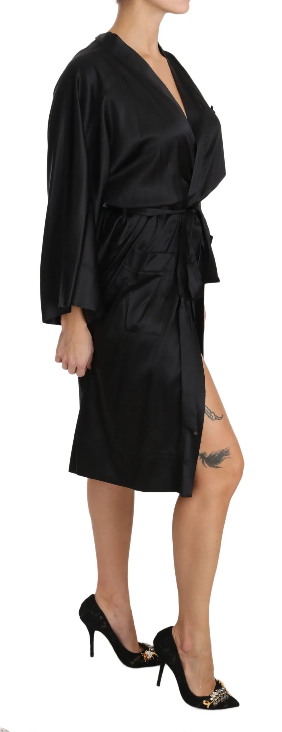 Black Kimono Gown Silk Dressing Robe