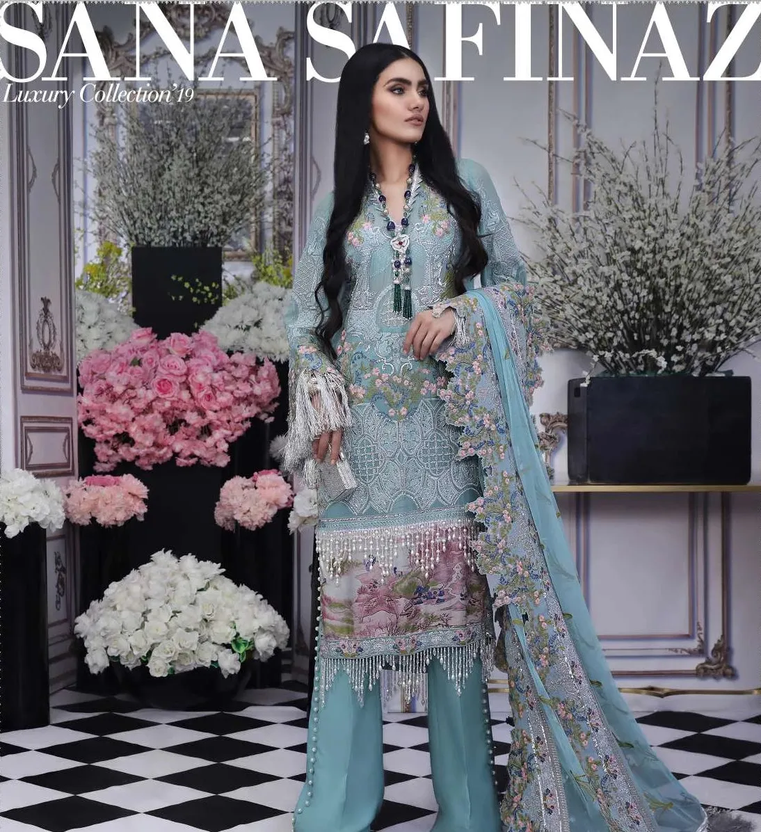 Blue Floral Organza Salwar Kameez-Suit-Sana Safinaz Luxury 2019