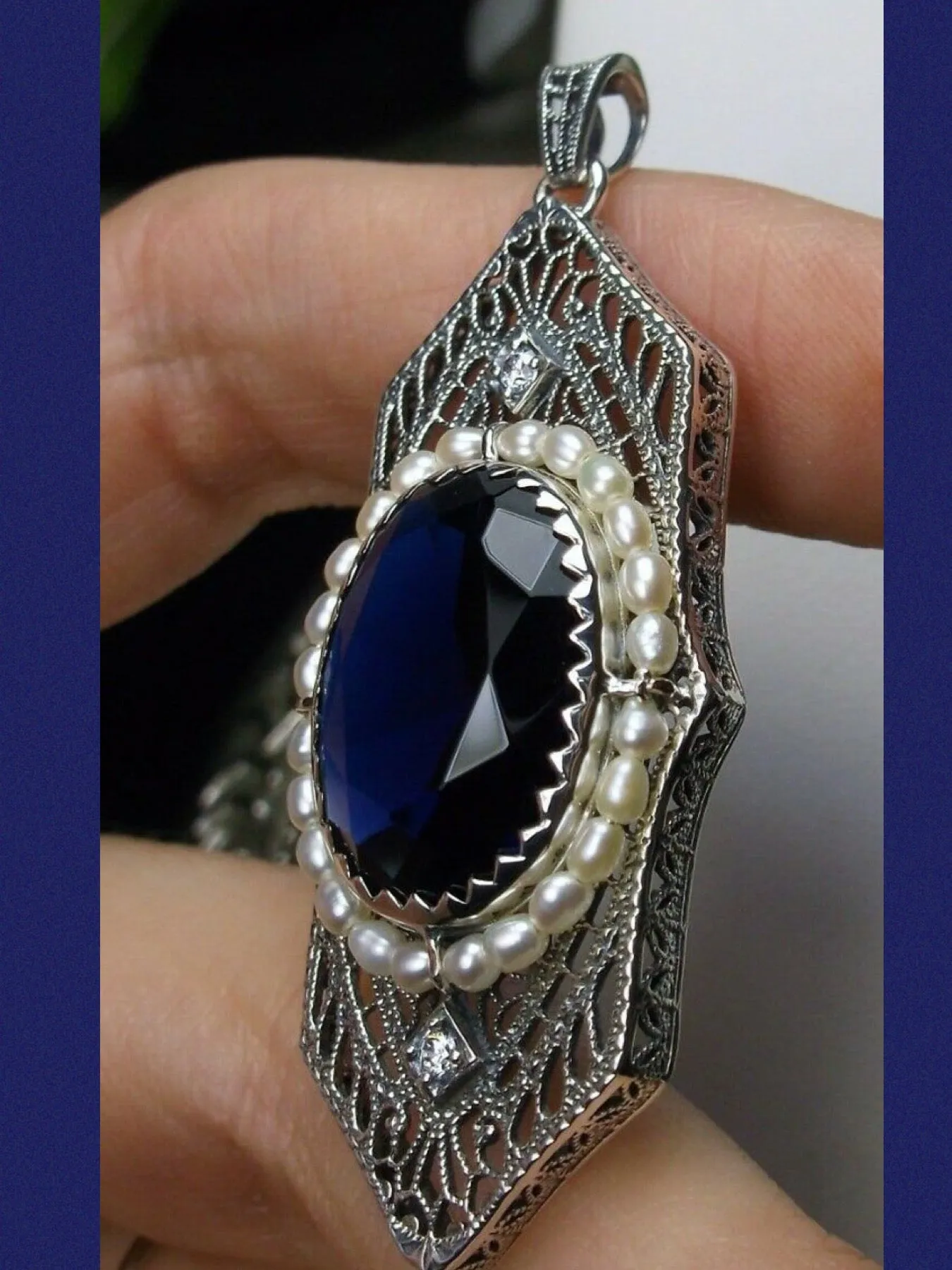 Blue Sapphire Pendant, Art Deco 1930's Jewelry #P156