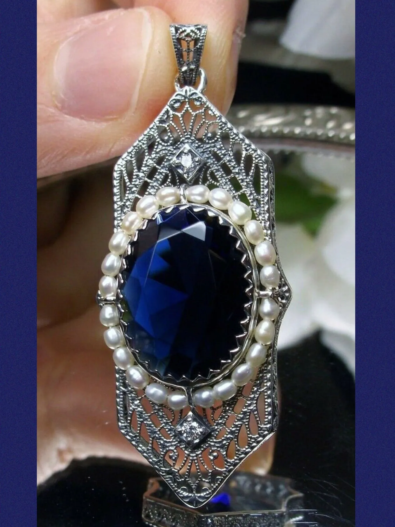 Blue Sapphire Pendant, Art Deco 1930's Jewelry #P156