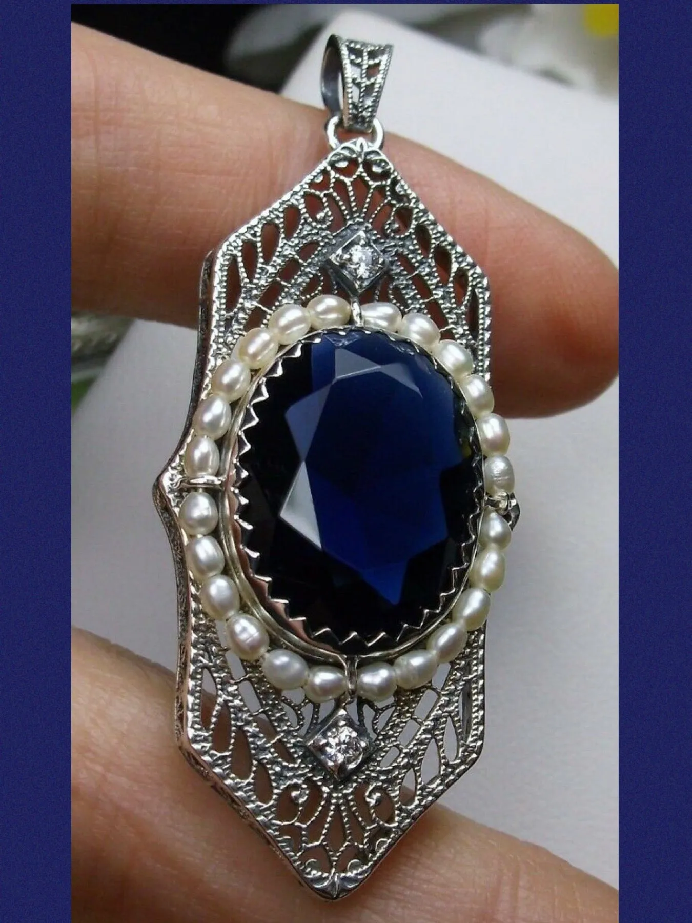 Blue Sapphire Pendant, Art Deco 1930's Jewelry #P156