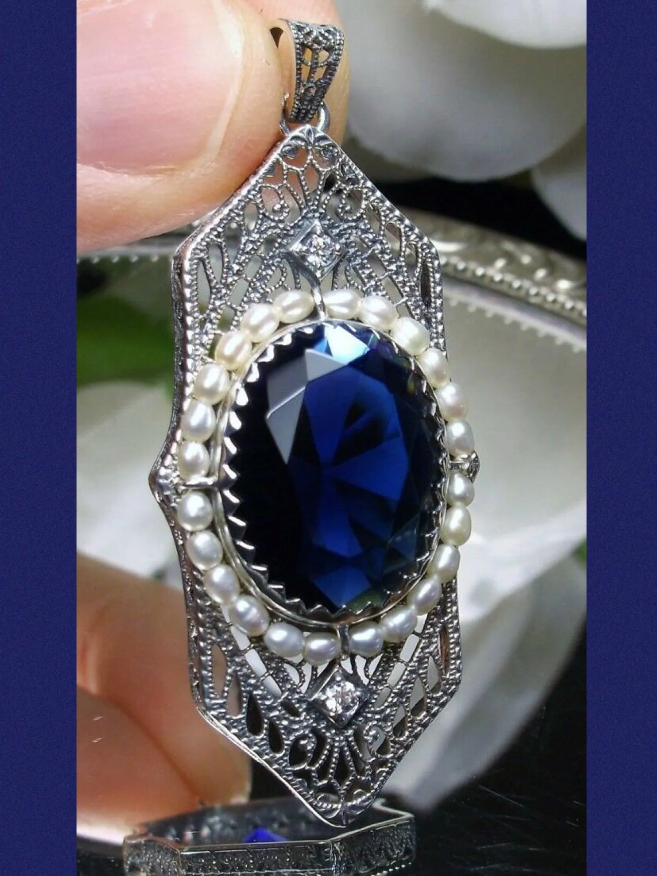 Blue Sapphire Pendant, Art Deco 1930's Jewelry #P156
