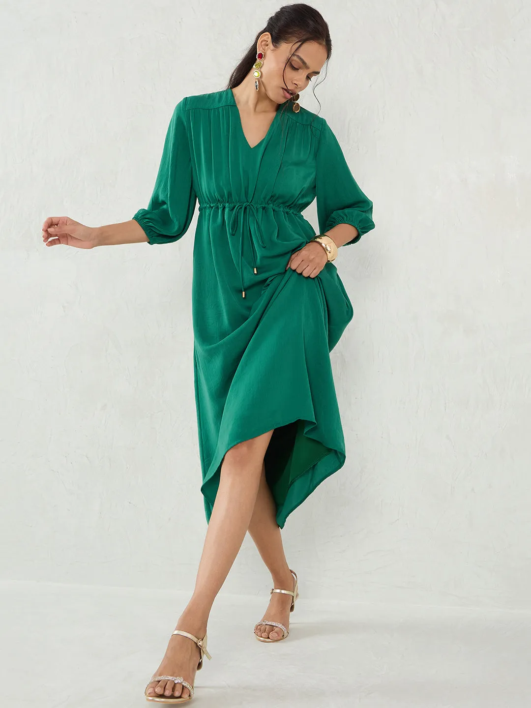 Bright Green Satin Ruched Waist Midi Dress