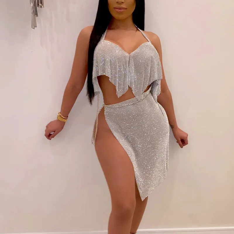 Bright Yarn Backless Chains Detailed Two Piece Set