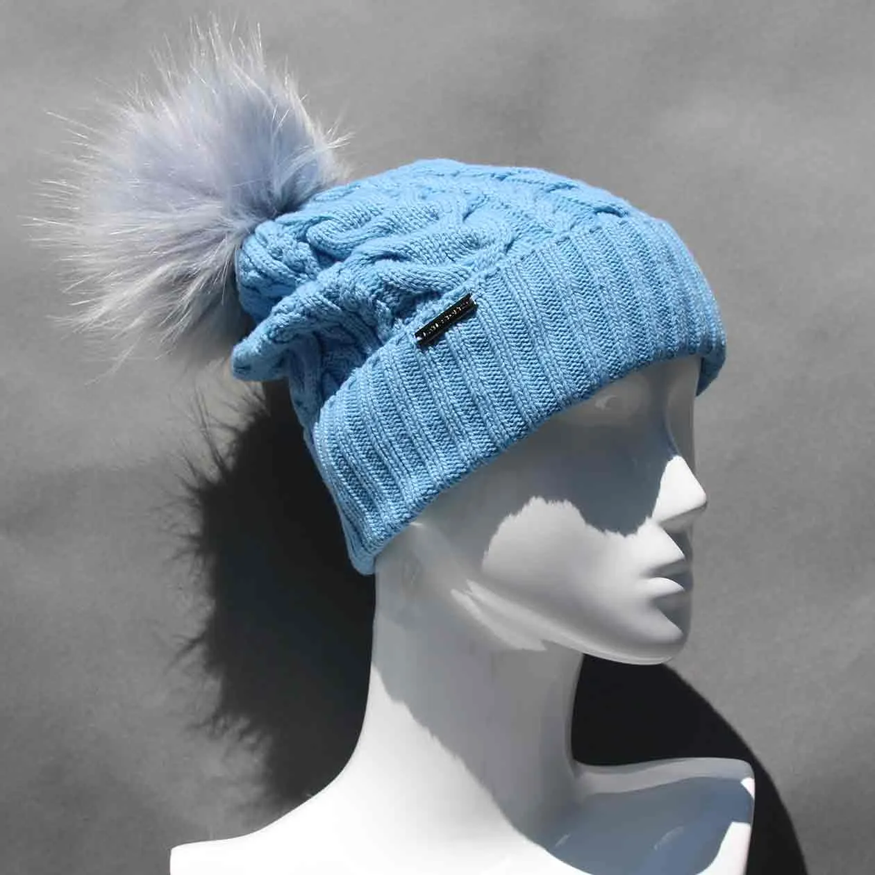 Cable Knit Hat with Faux Fur Pom Pom /Multiple Colors
