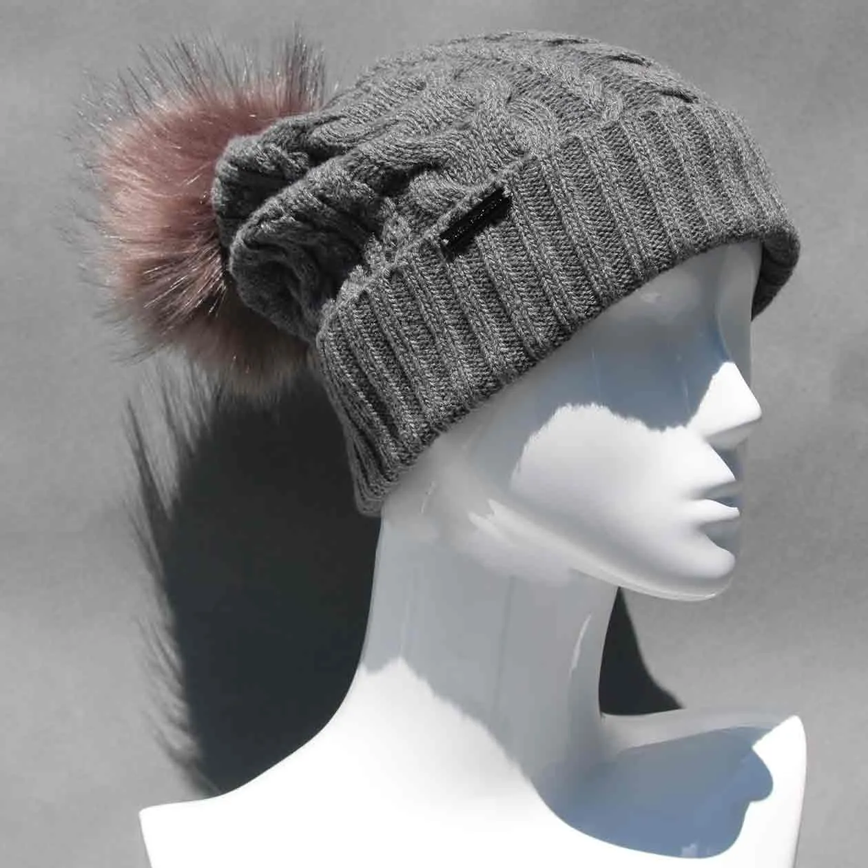 Cable Knit Hat with Faux Fur Pom Pom /Multiple Colors