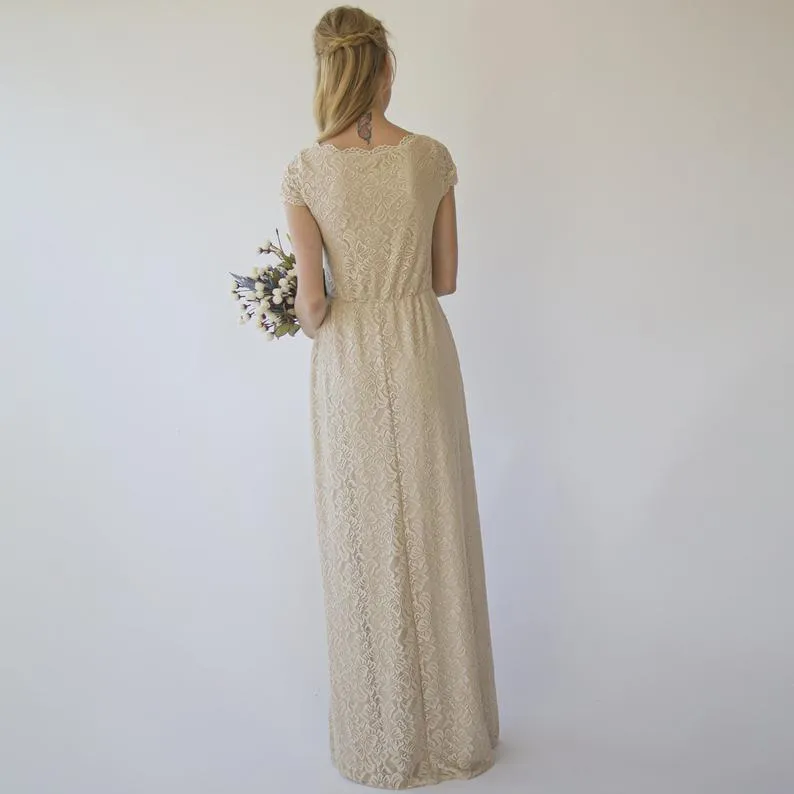 Cape sleeves Champagne Dress #1289