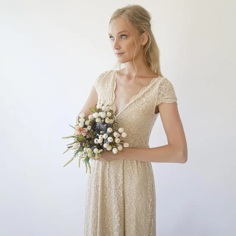 Cape sleeves Champagne Dress #1289