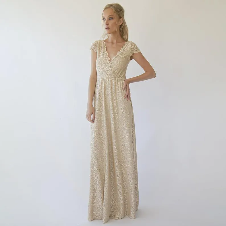 Cape sleeves Champagne Dress #1289