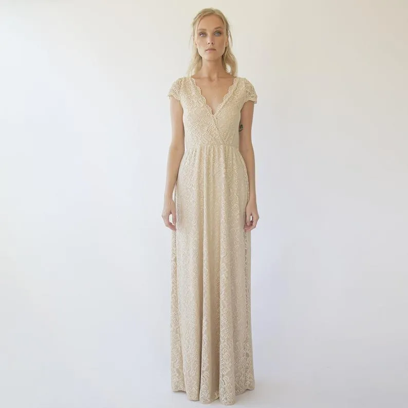 Cape sleeves Champagne Dress #1289