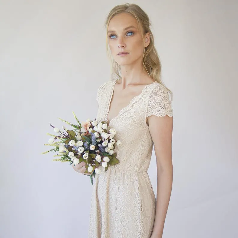 Cape sleeves Champagne Dress #1289