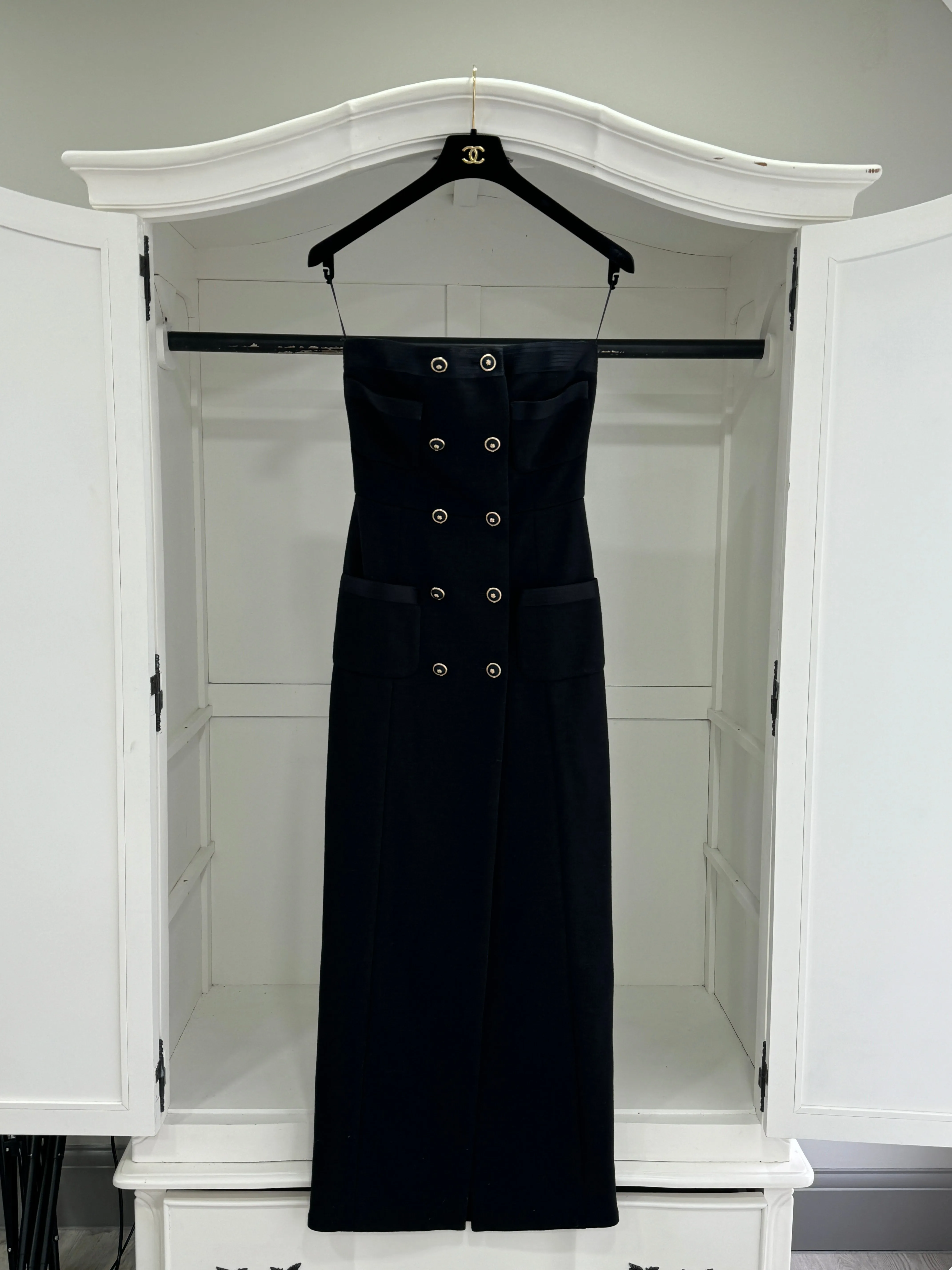 Chanel Black 100% Wool / Silk Lined Double Breasted Button Detailed Strapless Gown UK 8