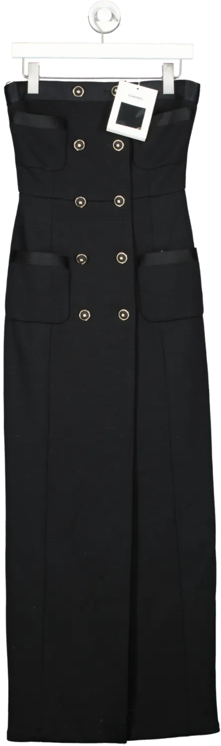 Chanel Black 100% Wool / Silk Lined Double Breasted Button Detailed Strapless Gown UK 8