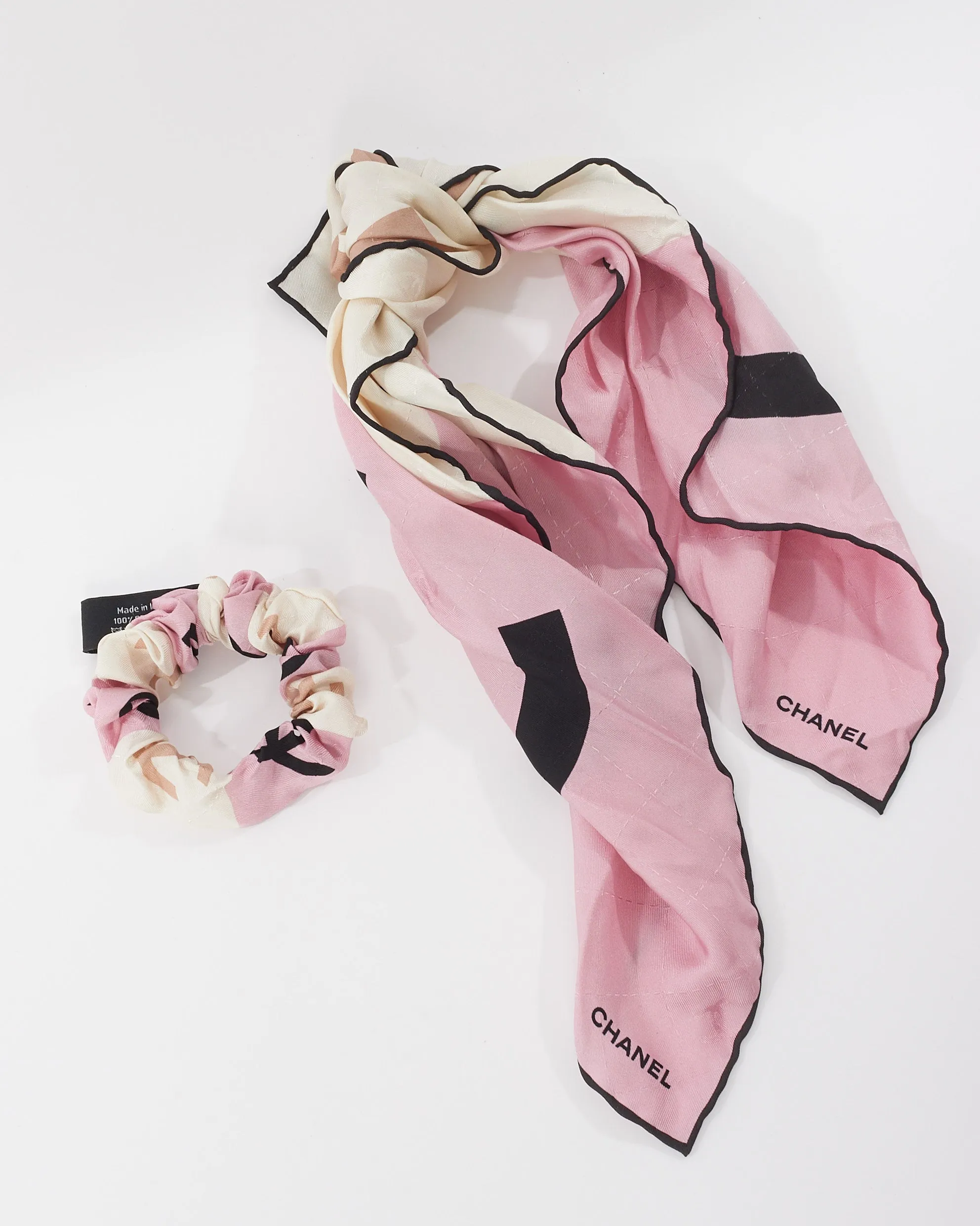 Chanel Pink & Black Silk Hair Scarf Scrunchie