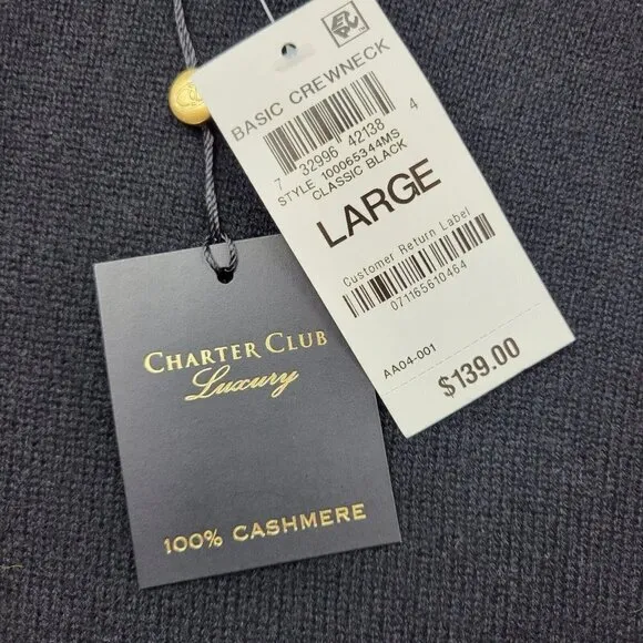 Charter Club Cashmere Sweater Womens Large Black Luxury Pullover Top New