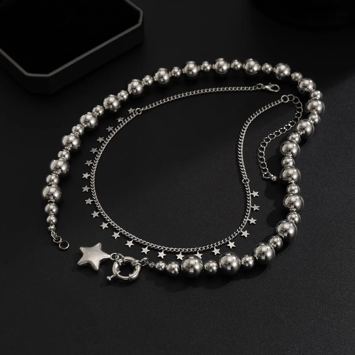 Chic 2pcs Silver Tone Star Tassel Ball Chain Necklace Set