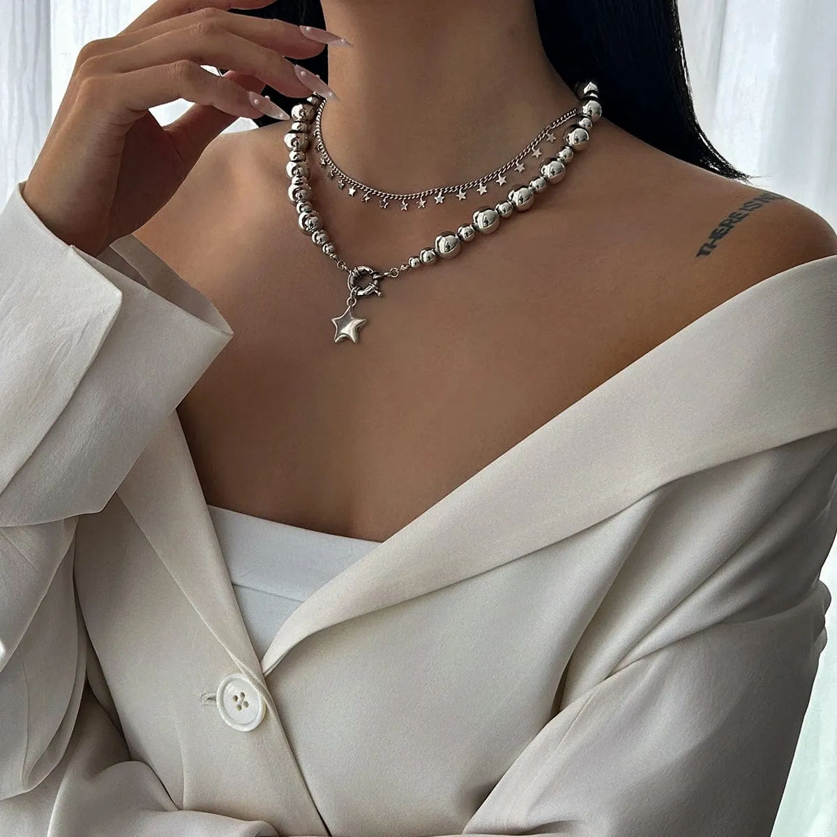 Chic 2pcs Silver Tone Star Tassel Ball Chain Necklace Set