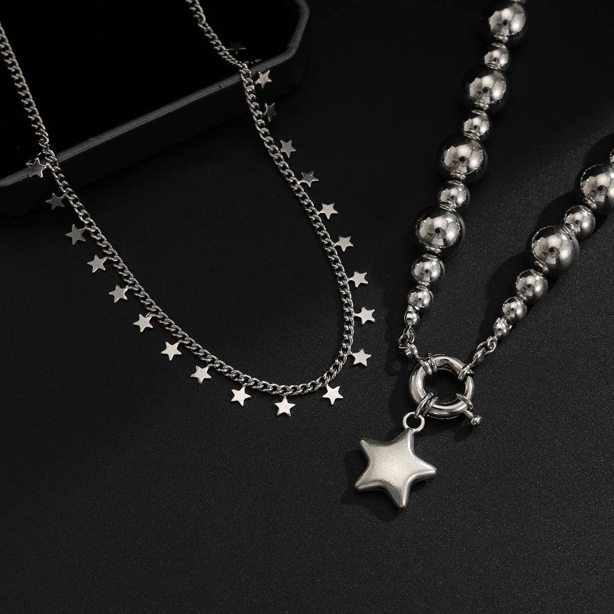 Chic 2pcs Silver Tone Star Tassel Ball Chain Necklace Set