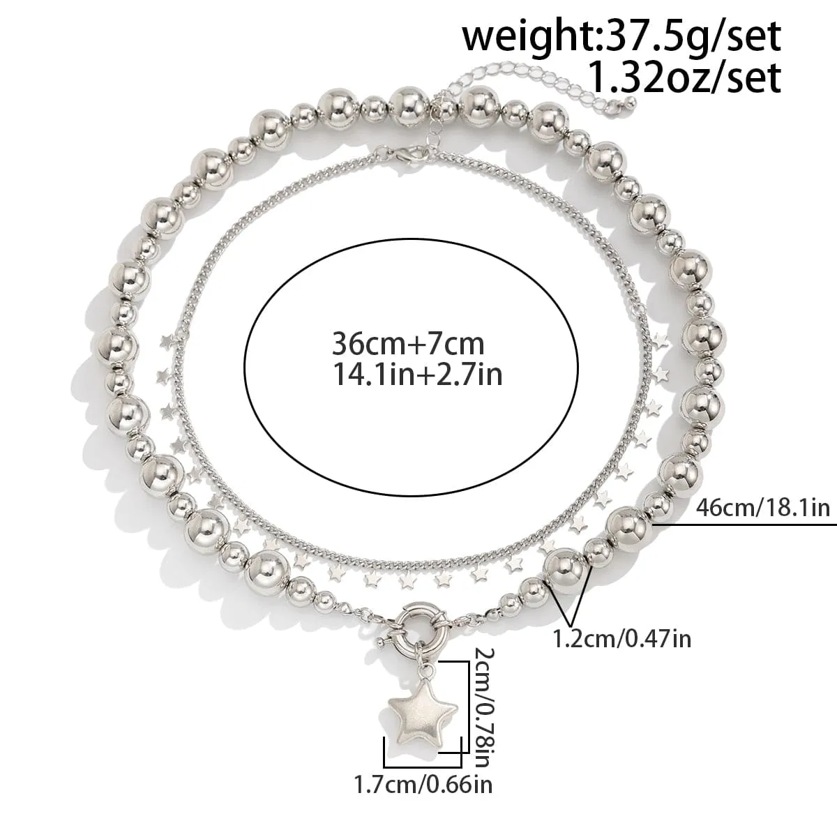 Chic 2pcs Silver Tone Star Tassel Ball Chain Necklace Set