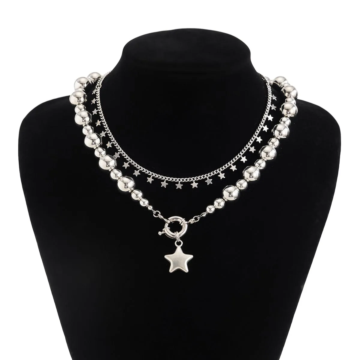 Chic 2pcs Silver Tone Star Tassel Ball Chain Necklace Set