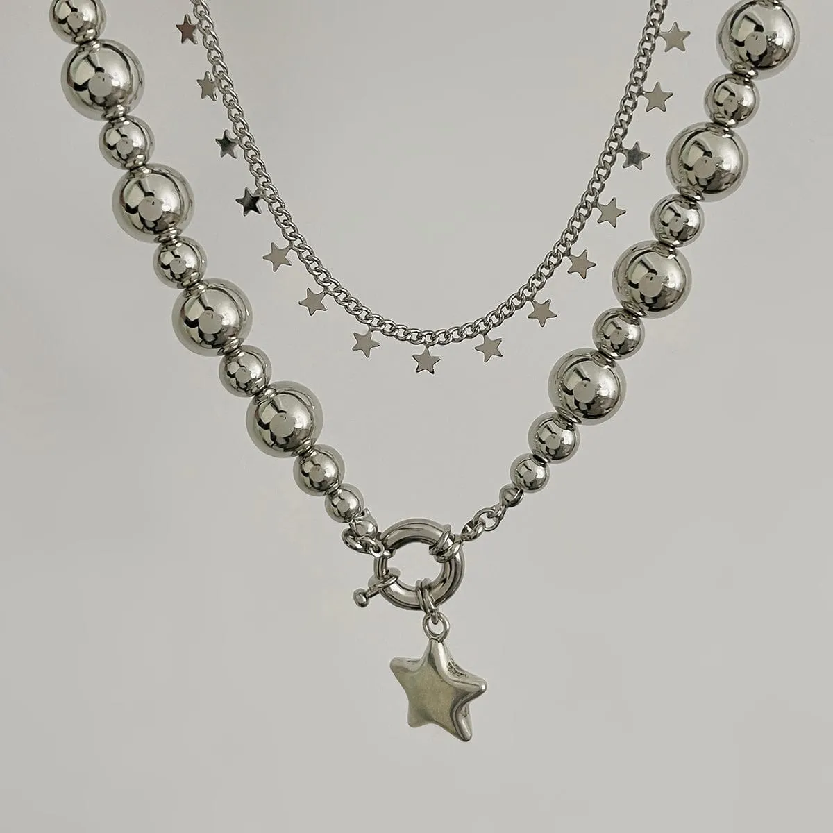 Chic 2pcs Silver Tone Star Tassel Ball Chain Necklace Set