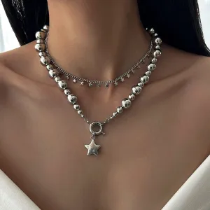 Chic 2pcs Silver Tone Star Tassel Ball Chain Necklace Set