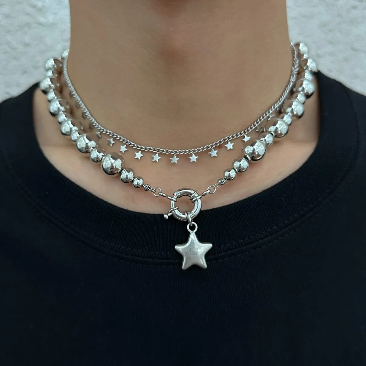 Chic 2pcs Silver Tone Star Tassel Ball Chain Necklace Set