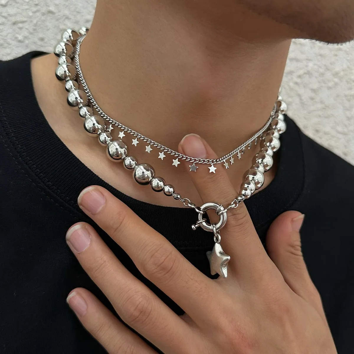 Chic 2pcs Silver Tone Star Tassel Ball Chain Necklace Set