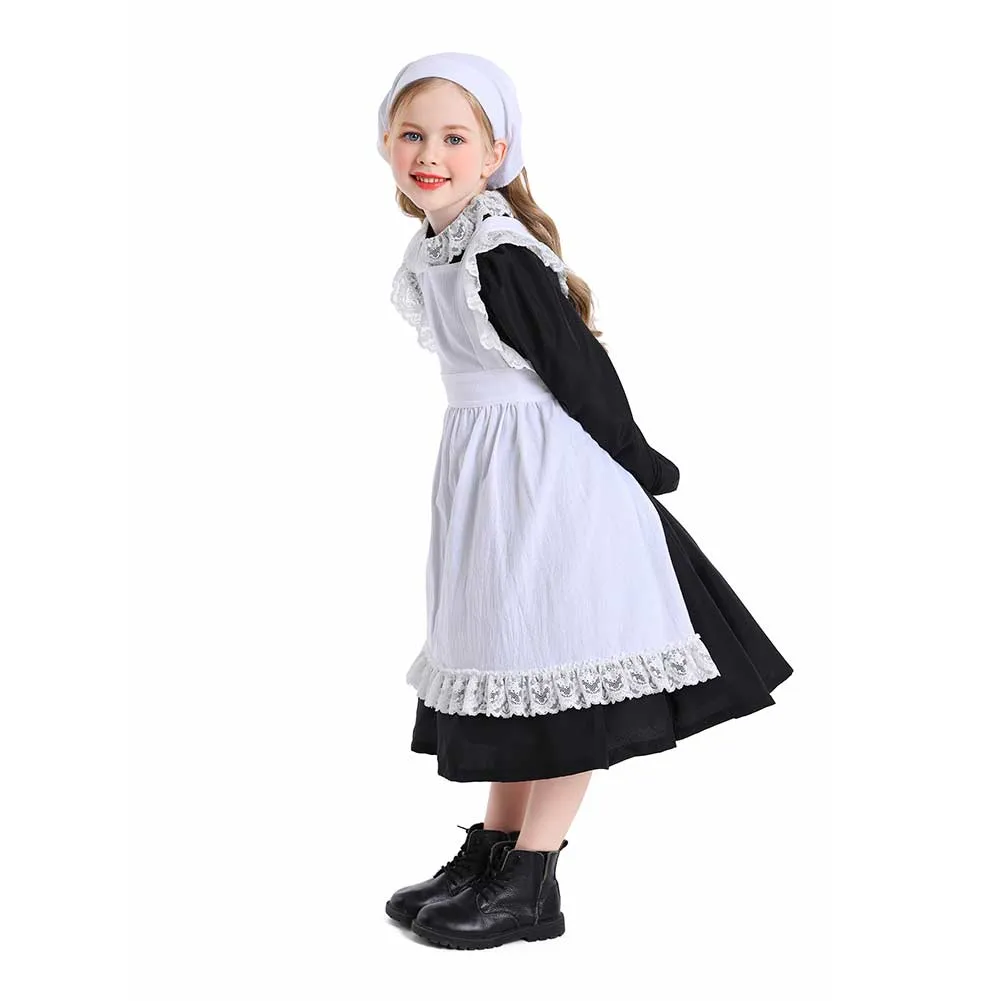 Childrenswear Kids Children Balck White Girls Thanksgiving 17th Century Rustic Maiden Dresses
