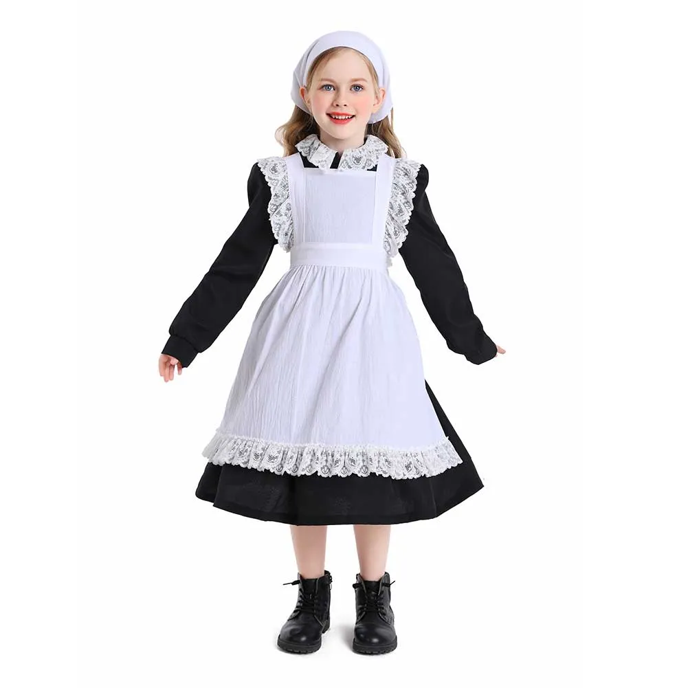 Childrenswear Kids Children Balck White Girls Thanksgiving 17th Century Rustic Maiden Dresses